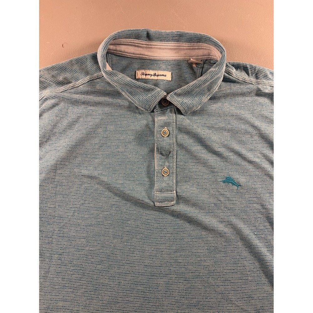 Tommy Bahama Polo Shirt Mens XXL Blue Striped Short Sleeve Marlin Logo Casual